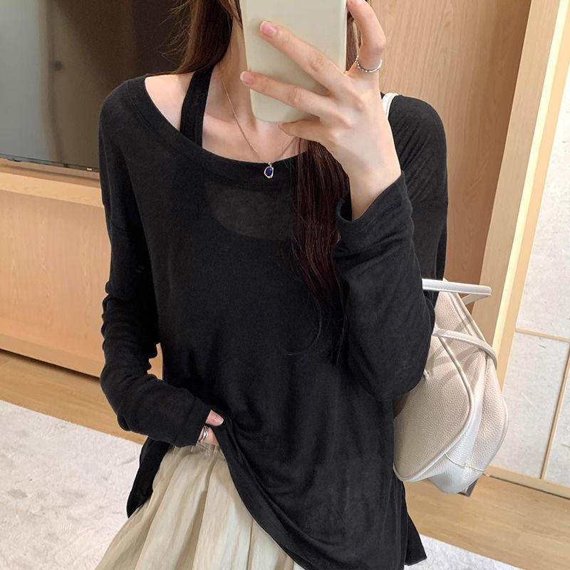 

Женский комплект из двух предметов: свободный жилет без рукавов и футболка с длинными рукавами на весну/осень Large чёрный