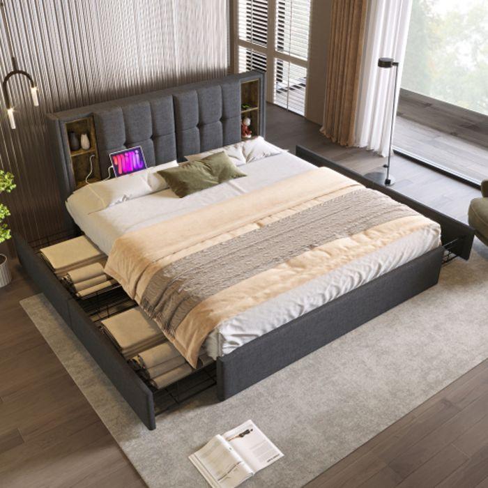Lit rembourré - MUVOE - 160x200cm - Chargeur sans fil - 4 tiroirs - Gris lin