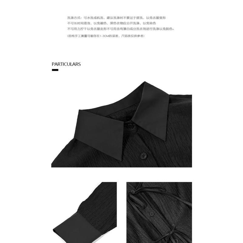Women's Black Textured Shirt Casual Loose Long Sleeve Tie Front Button-Down Blouse