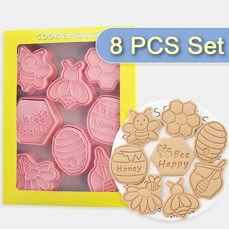 3D Bee Cartoon Cookie Cutters 8Pcs Plastic DIY Baking Mould Fondant Biscuit Cutter Set Home Kitchen Pastry Baking Tools Supplies