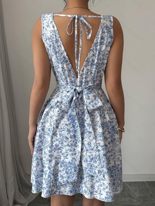 Women's Bohemian Backless Floral Dress with Bow Tie Straps