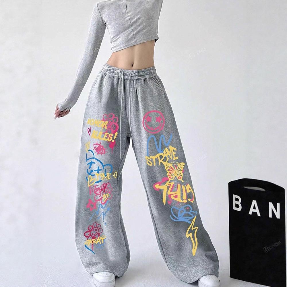 Trendige Lässige Weitbeinige Hose mit Graffiti-Print - Lockerer Amerikanischer Street Style