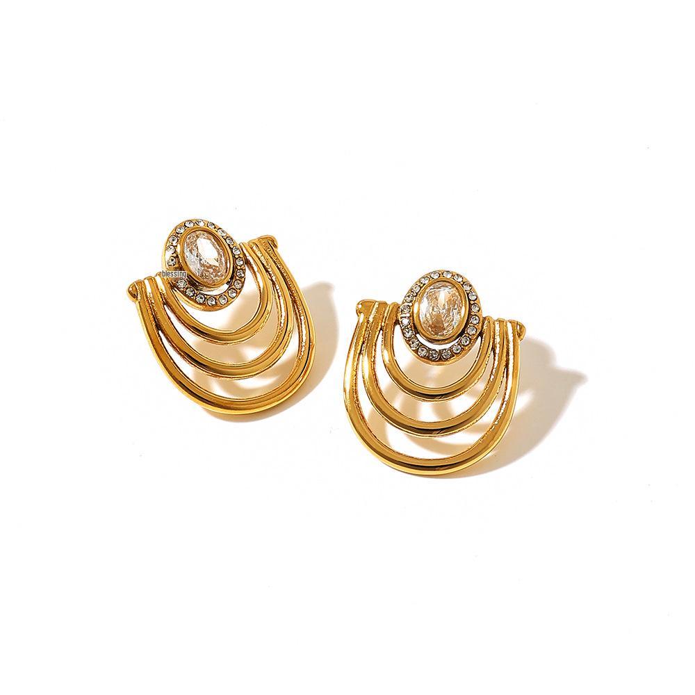 18K Gold Vacuum-Plated Stainless Steel Zirconia Stud Earrings - Women's High-End European American Retro Style, Waterproof with Polished Finish
