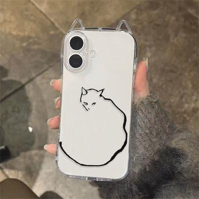 Cat Ear Anti-fall Phone Case Four Corner Airbags for Apple 15pro Transparent Cartoon for Apple Phone Protective Case 16pro