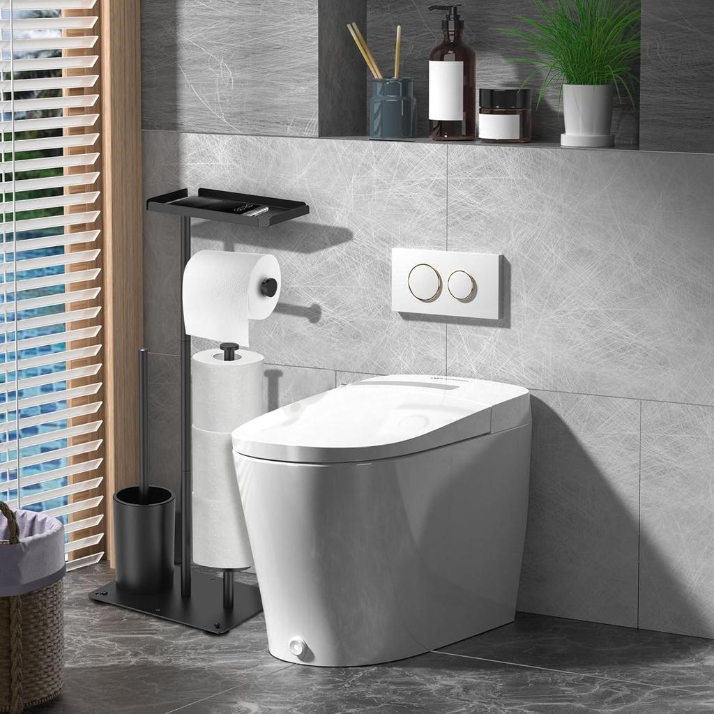 Black Stainless Steel Toilet Paper Holder with Brush and Shelf Free Standing Toilet Roll Paper Holder for Bathroom Accessories