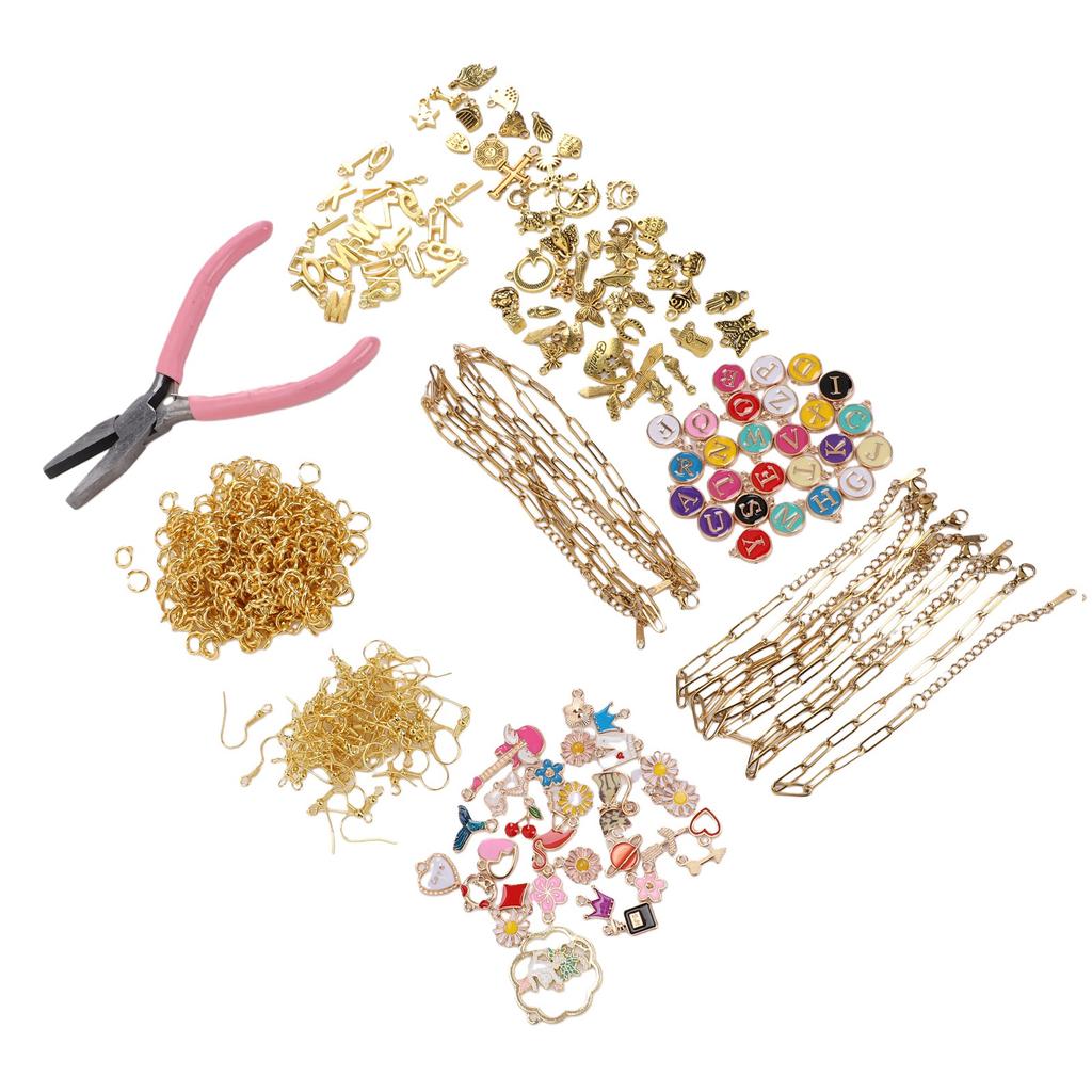 Jewelry Making Kit Beads Bracelet Earrings Craft Set with Pendants Charm Pliers for Necklace Keychain Gift Gold