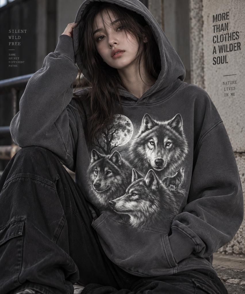 Long Sleeve Pullover Hoodie, Unisex Vintage Wolf Moon Graphic Print Cotton Sweatshirt, Loose Streetwear Hooded Top for Men Wome