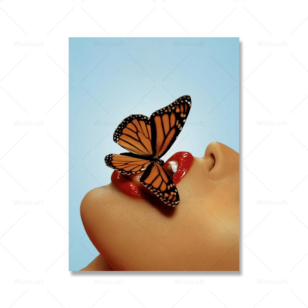 

Retro Fashion Poster Sexy Girl Butterflies Red Lips Canvas Painting Prints Wall Art Picture For Modern Living Room Home Decor 21x30cm No Framed