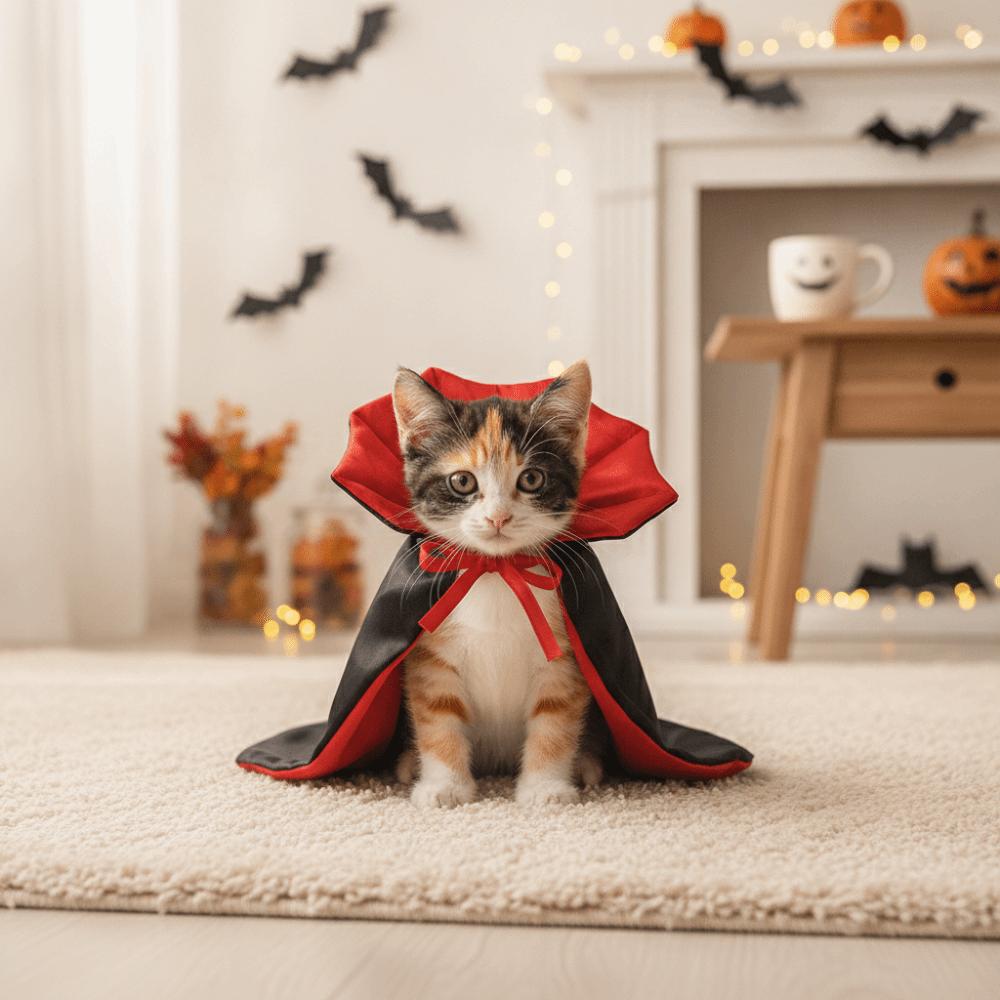 Stand Collar Pet Gothic Costume Tie Closure with Ear Holes Dog Horn Headband Lightweight Red Black Contrast Cat Gothic Cloak