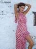 Floral Print Women Midi Dresses Fashion Incline Shoulder Bandage Ruffle Splited Vestidos Female Vacation Street Bodycon