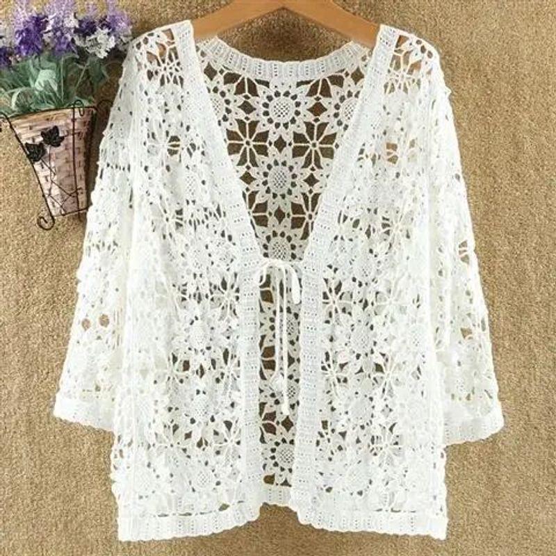 

Hollow out Loose Strap Cardigan Jacket Cut Out Loose Lace-up Cardigan Outwear WHITE One size