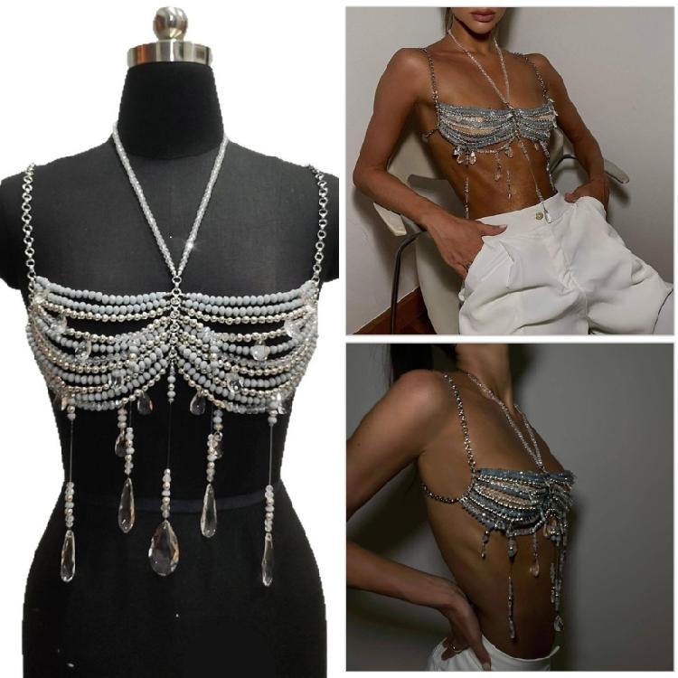 Crystal Beaded Tassels Layered Necklace Halter Neck Chest Chain Shimmering Body Jewelry Camisole Bralette For Women