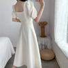 Hepburn Light Mature Style Dress Female Puff Sleeve White Skirt Square Collar Waist Large Size Temperament Over The Knee Long Skirt Summer