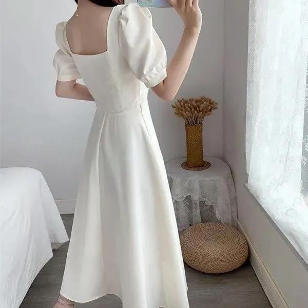 Hepburn Light Mature Style Dress Female Puff Sleeve White Skirt Square Collar Waist Large Size Temperament Over The Knee Long Skirt Summer