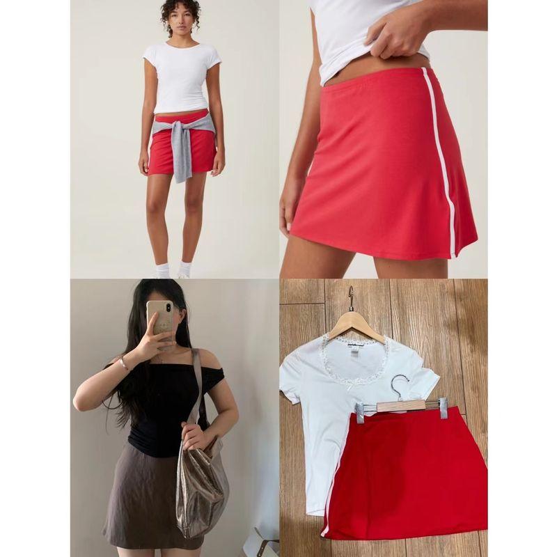 

Australia Cott * American Sports Style Elastic High Waist Splicing Skirt Casual Daily Skirt Red without white edge L