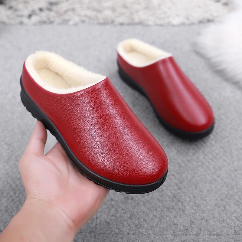 Thiened Cotton Slippers for Women's Winter Anti-Water Slip-Resistant Warm Indoor Outdoor Wearable Padded Flat Heel Couple Oes