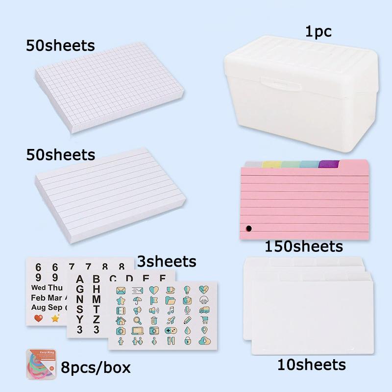 

WTEMPO Grid/Horizontal Line Note Papers with Desktop Storage Box Index Card/Classification Label Colored Plastic Ring Back-to-school Season Stationery 1set