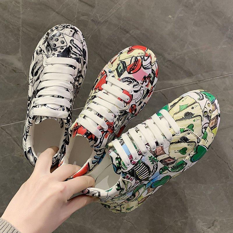 Thick-soled Increased Women's Sports Shoes Women New Women's Hand-painted Graffiti White Shoes Outdoor Casual Shoes