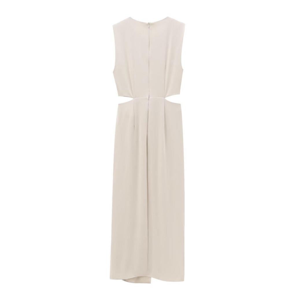 European & American Women's Chic Sleeveless Long Dress with Buckle Detail - Autumn/Winter Collection