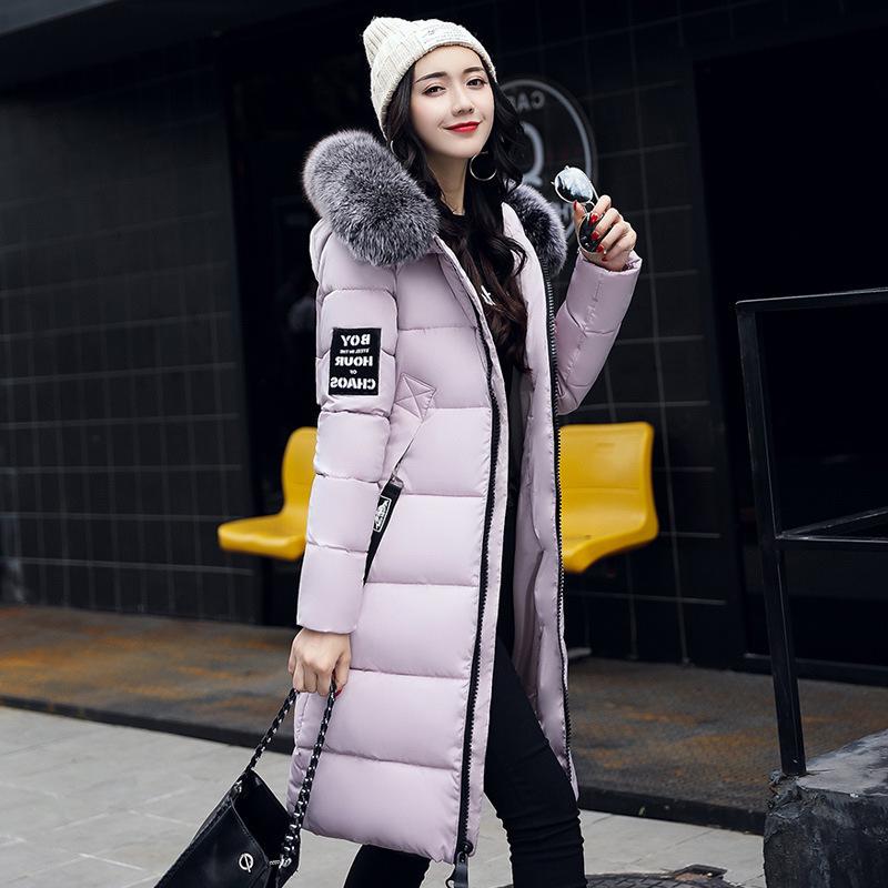 Winter new cotton-padded clothes women's thickened down cotton-padded clothes over the knee medium and long large fur collar hooded cotton-padd