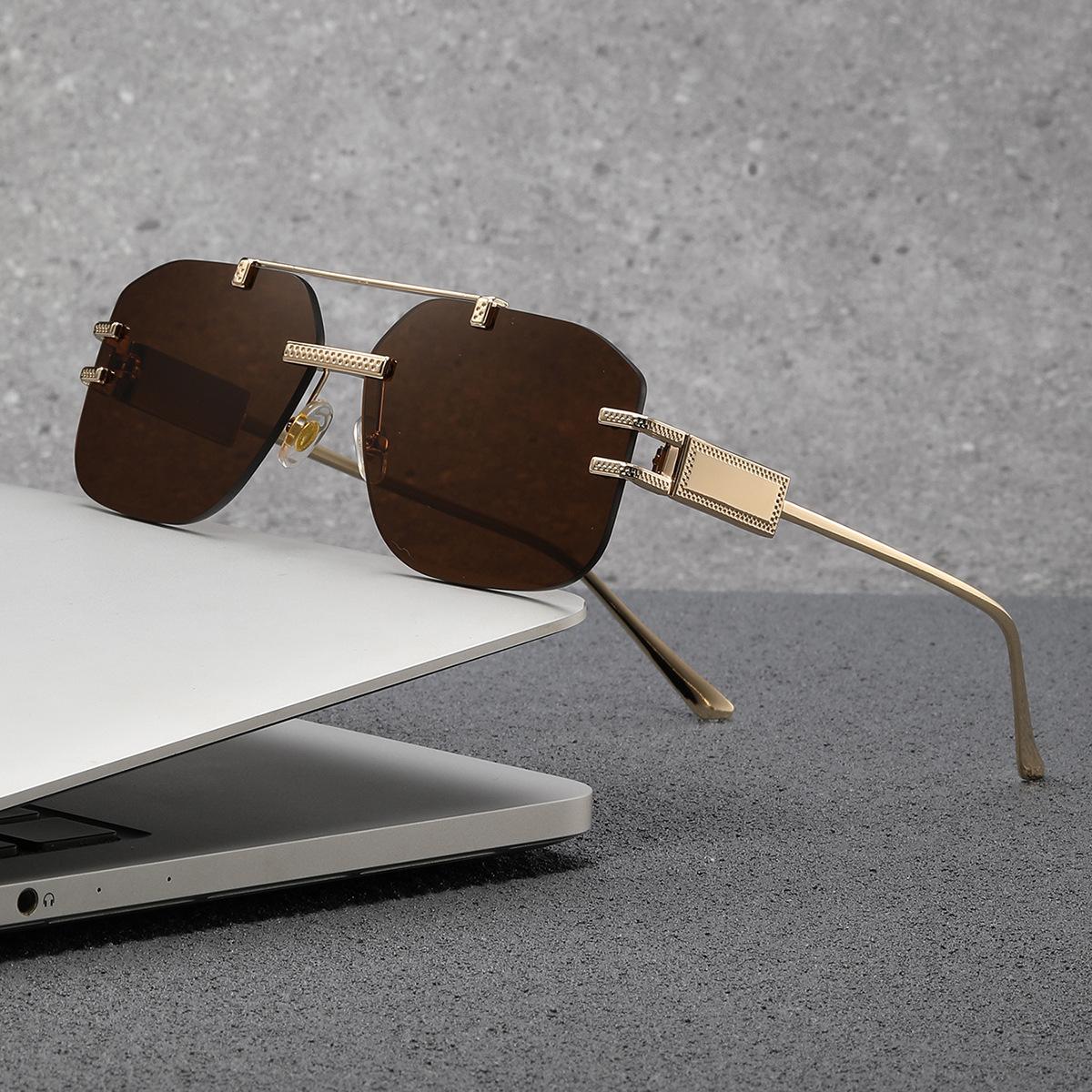 Bai Fen Bai Electronic 3C Men's Green Oversized Vintage Rimless Square Sunglasses 2025 Luxury Polygon Double Beam Sun Glasses Metal Frame Shades Driving Eyewear