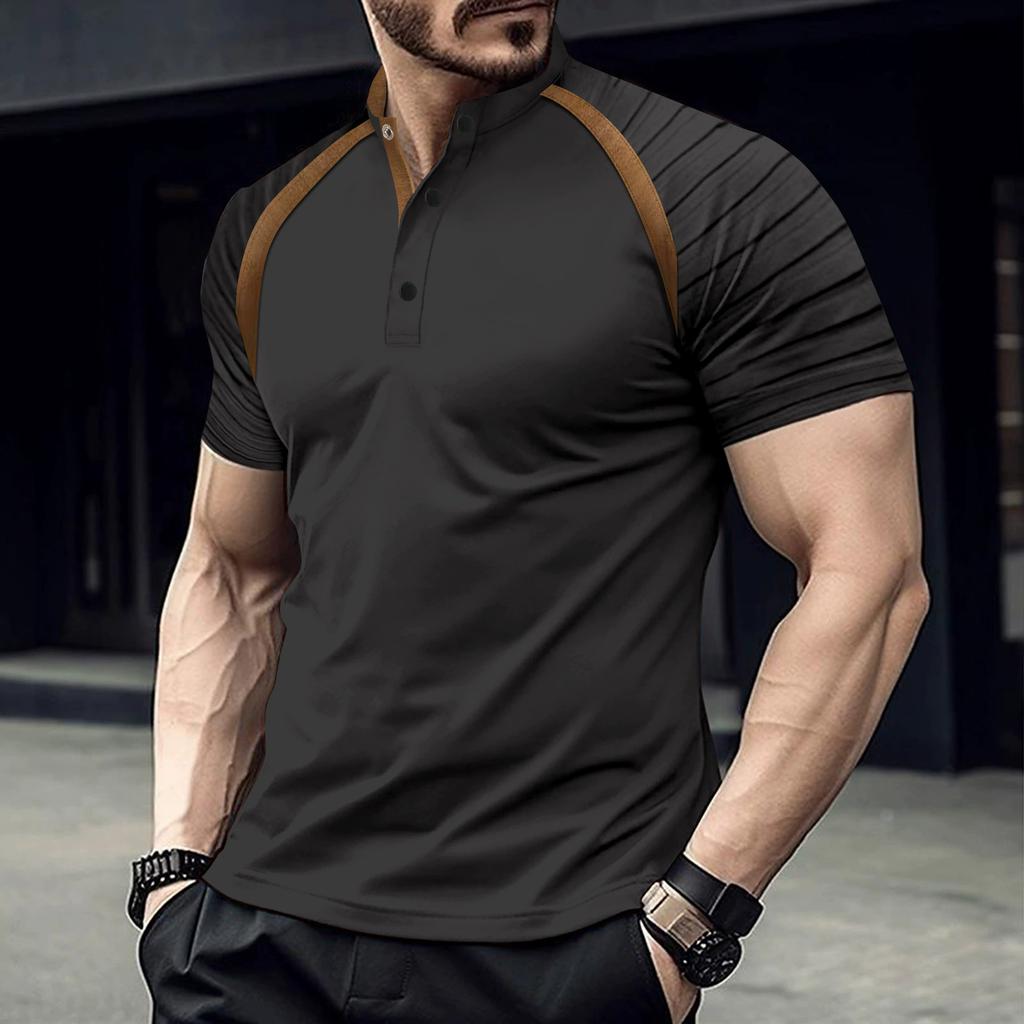 Summer Solid Color Short-sleeved Patchwork Casual Vintage Men's Stand-up Collar Polo Shirt