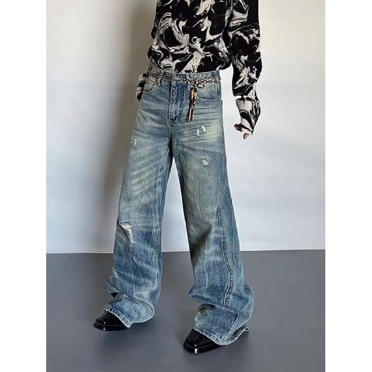 Autumn And Winter New American High Street Washed Light Colored Jeans For Men And Women Straight Leg Slightly Flared Loose Wide Leg Pants
