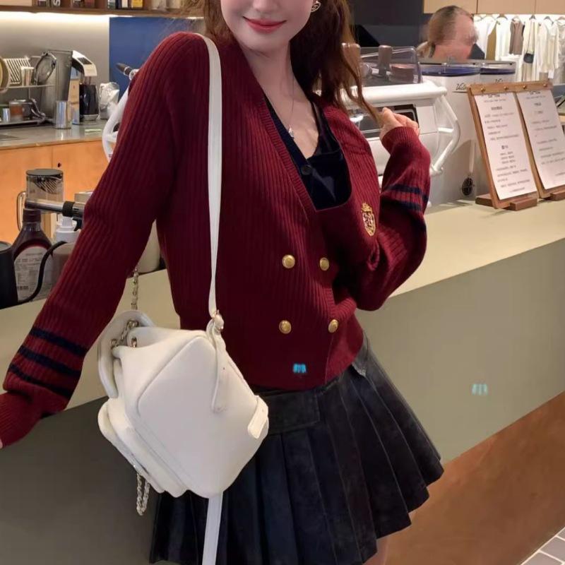 2024 Autumn/Winter Women's Preppy V-Neck Color Block Double-Breasted Long Sleeve Knit Sweater with Layered Look