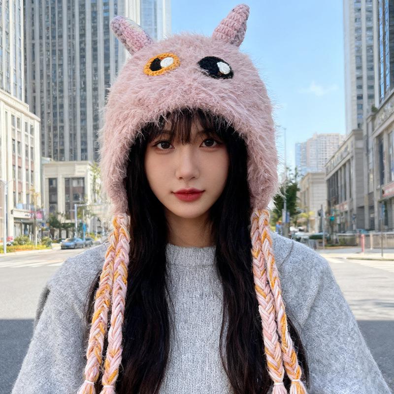New Women'S Red Blue Plush Hat Winter Warm Cute Cartoon Knitted Earflap Beanie With Braided Tassels For Ladies Hats Casual