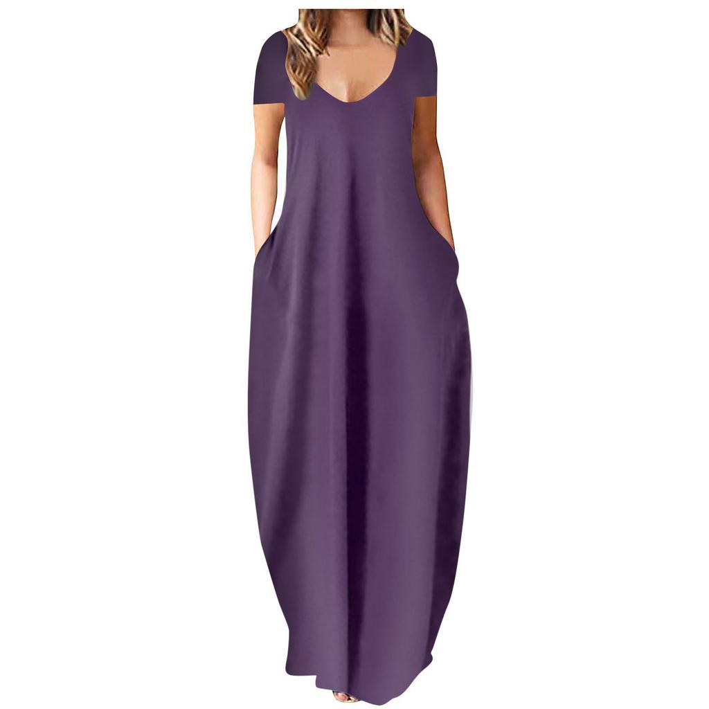 Summer hot sale large size women's clothing solid color sexy deep V-neck short-sleeved dress women