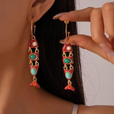Vintage Little Fish Earrings Gothic Enamel Dangle Earrings Dripping Oil Ethnic Style Earrings  Lady