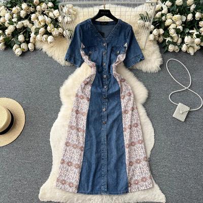 Verão Mulheres Casual A-line V Neck Pullover Denim Patchwork Vestidos Femininos Estampa Floral Manga Curta Feminino Vestido Longo