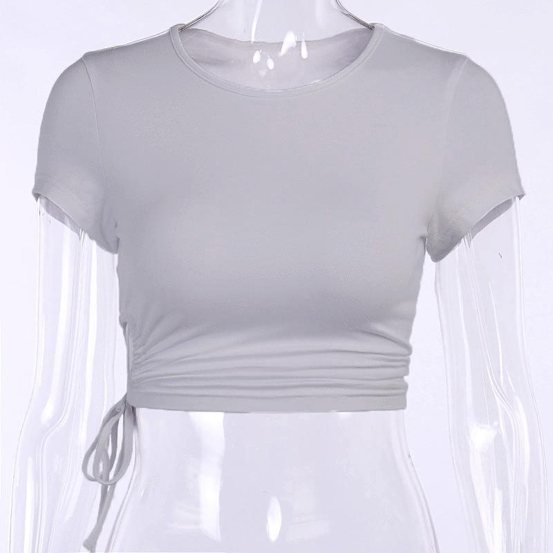 

Белая футболка, укороченные топы, женские летние однотонные короткие футболки с короткими рукавами и шнурком, тонкие модные женские рубашки L