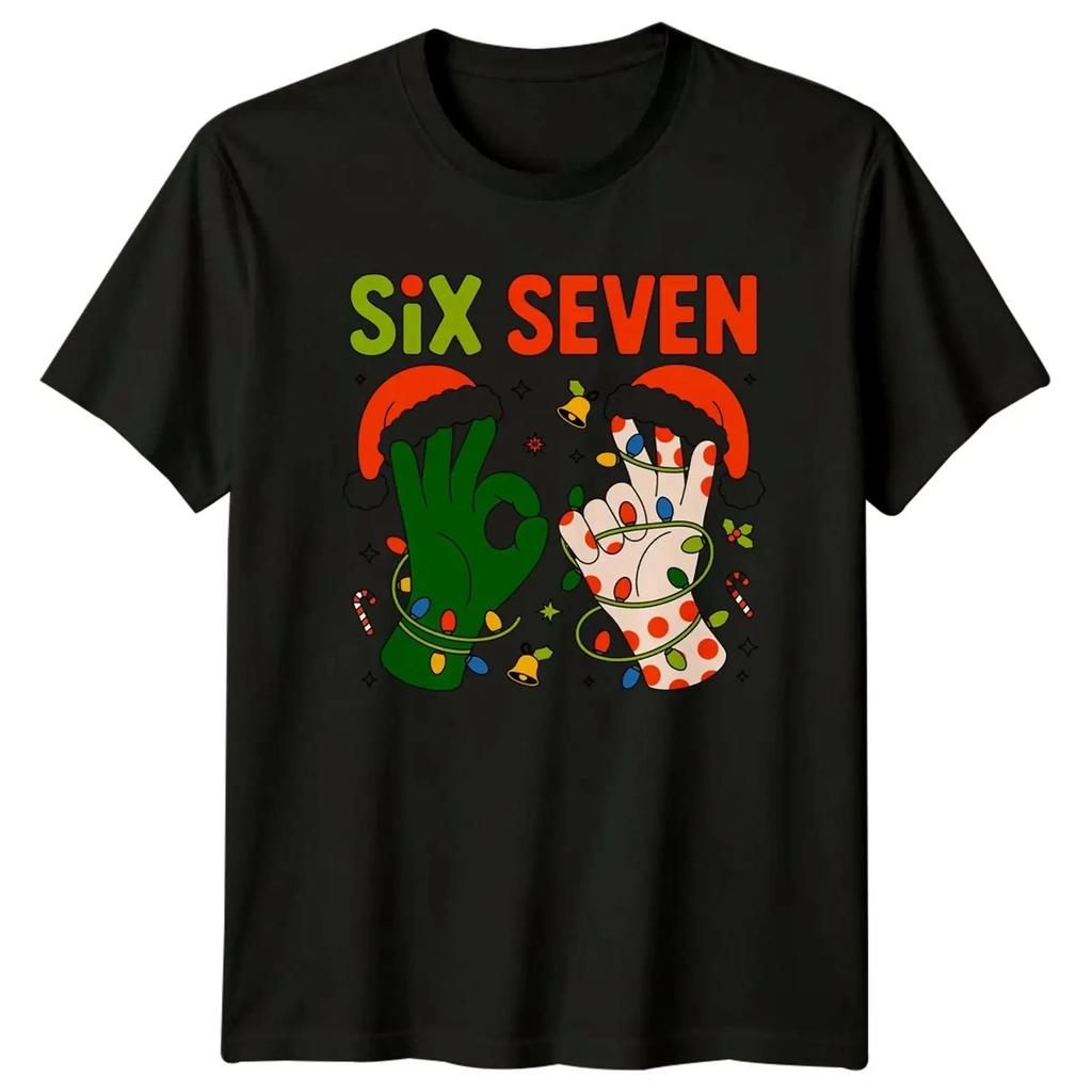 Six Seven Christmas Hands Lights Unisexs T Shirt Unisexs Vintage Breathable Versatile Slightly Streetwear Unisex Soft