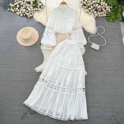 Women's Fashion Retro Court Style Lantern Collar Hollow Lace High Waist Skirt Suit