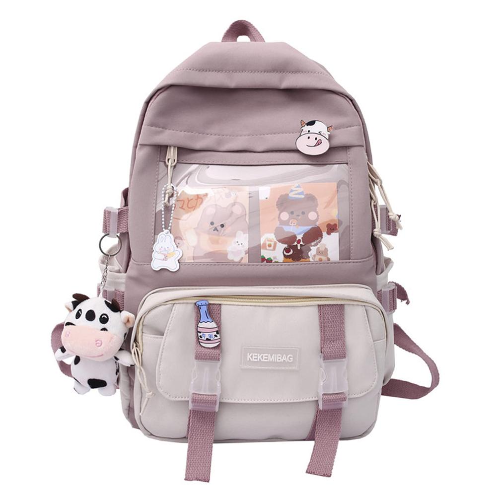 

Students School Cute Hit Color Large Backpack Patchwork Canvas Knapsack Handbags фіолетовий