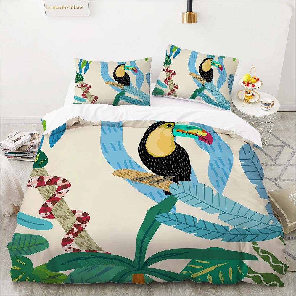 Flowers Parrot King Queen Duvet Cover Cartoon Birds Floral Bedding Set For Adults Animals Leaves 2/3Pcs Polyester Quilt Cover