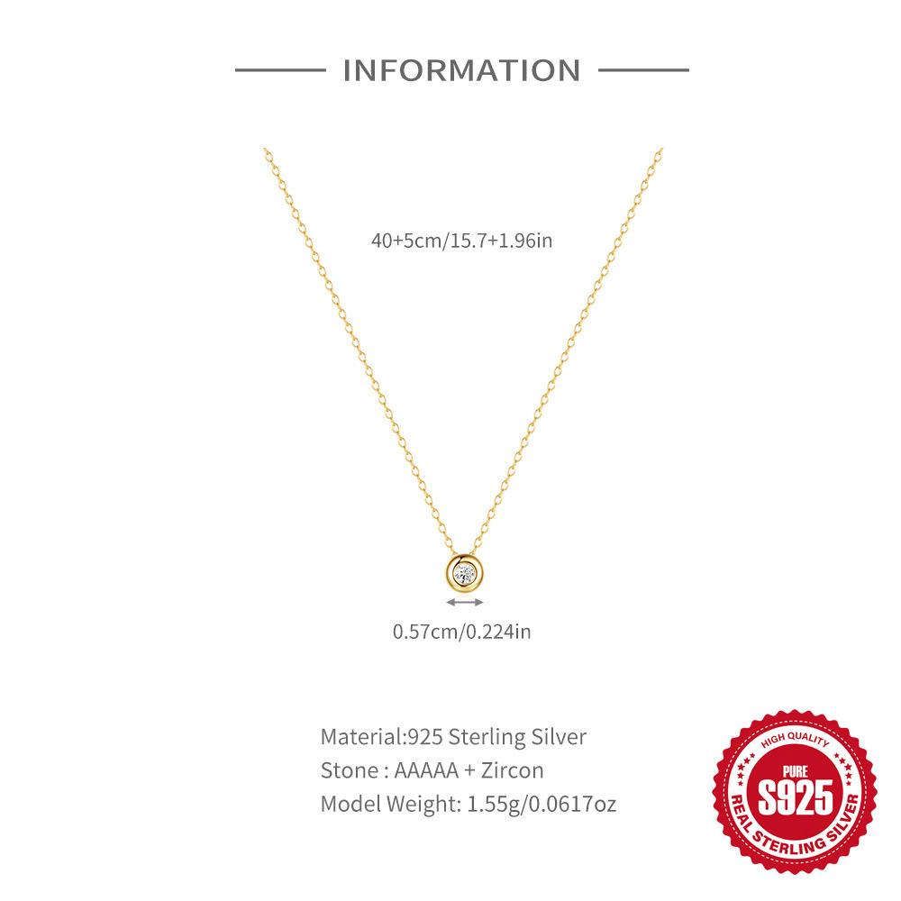 Fashion S925 Sterling Silver Classic Single Diamond Round Pendant Ladies Clavicle Necklace