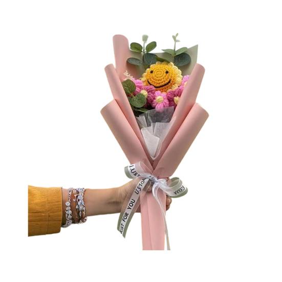 Crochet Flower Bouquet Handmade Knitted Positive Sunflower Artificial Yarn Flower Bouquet Gift for Mother's Day Valentine's Day Anniversary