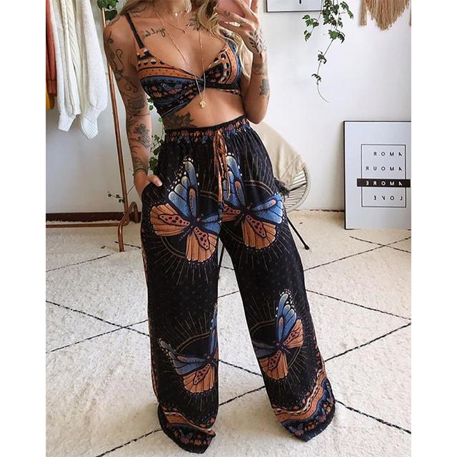 Women Pants Sets Butterfly Print Drawstring Twisted Tube Top Loose Wide Leg Ladies Suit Summer Sleeveless Beach Female Outfits