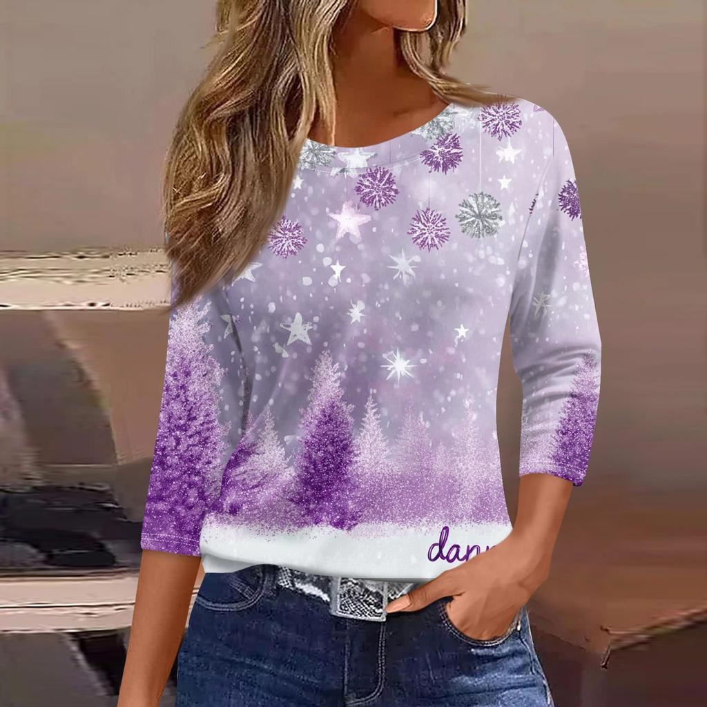 Women's Fashionable Casual Three Quarter Sleeve Christmas Printed Round Neck Top