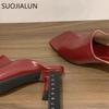 Fashion SUOJIALUN 2025 Summer New Brand Women Slipper Fashion Square Toe Slip On Slides Square High Heel Outdoor Dress Sandal Shoes