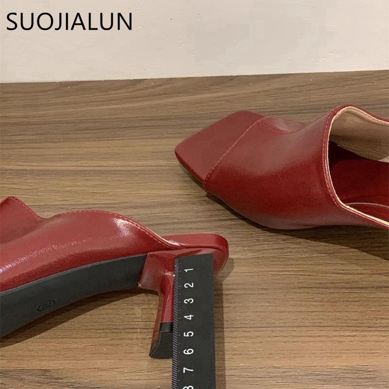Fashion SUOJIALUN 2025 Summer New Brand Women Slipper Fashion Square Toe Slip On Slides Square High Heel Outdoor Dress Sandal Shoes