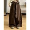 Women's High Rise Wide Leg Jeans Solid Brown Plaid Sash Ruffle Waist Denim Loose Fit Floor Length Pants Bow Decor Casual Spring Denim Trousers