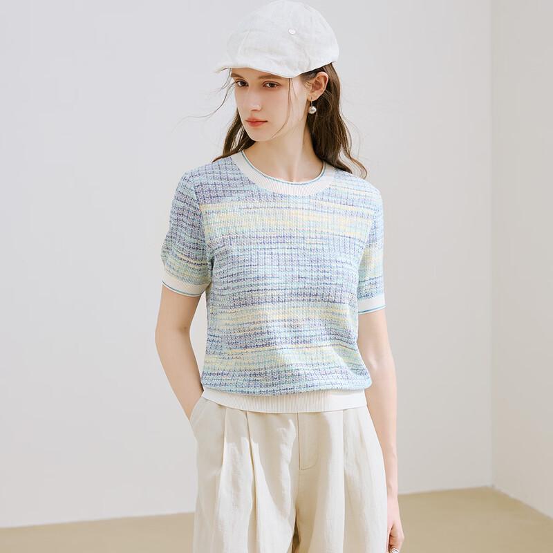 TUHUANG Women's Silk Blend Striped Knit T-Shirt
