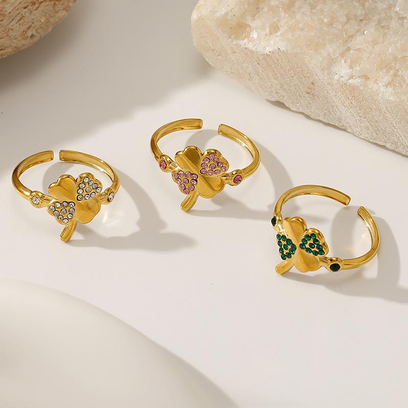 Stainless Steel Four-leaf Clover Open Ring Women's Gold-plated Diamond-set Light Luxury Niche Design Fashion Ring Zircon Jewelry