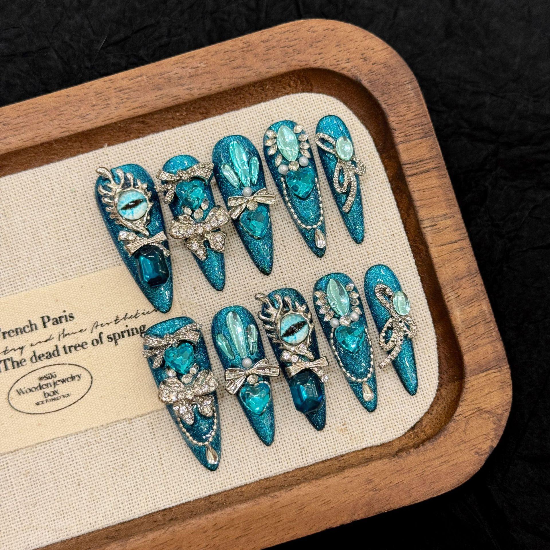 

Длинные ногти стилетто, накладные ногти с французским кончиком, накладные ногти со стразами, многоразовые миндалевидные накладные ногти, блестящие акриловые искусственные ногти для женщин L