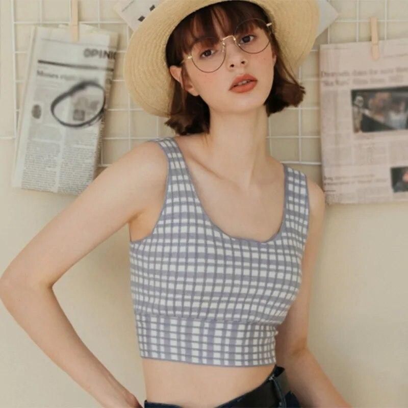 

Женская майка без рукавов, облегающая майка, легкий укороченный топ, пуловер, вязаная повседневная базовая рубашка с клетчатым принтом