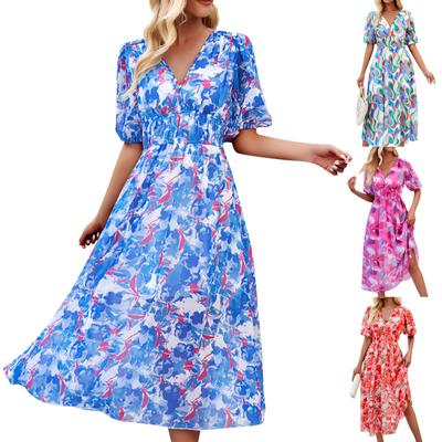 Damen V-Ausschnitt Bohemian Print Kurzarmkleid A-Linienrock