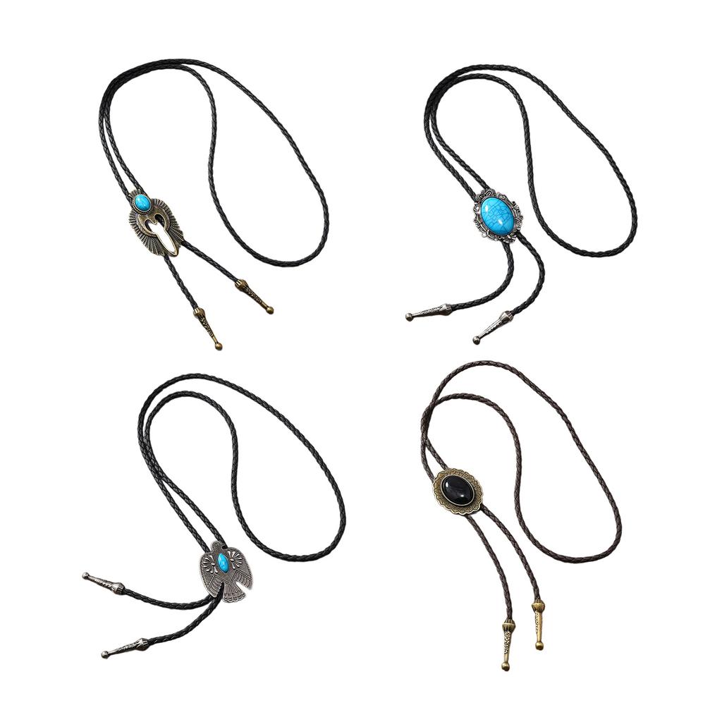 Vintage Metal Eagle Bird Stone Cowboy Hat Bolo Tie Western Punk Faux Leather Rope Necktie Jewelry Shirt Chain Necklace